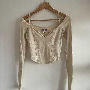 Urban Outfitters Cream Corset Fairycore Romantic Ribbed Off-Shoulder Crop Top